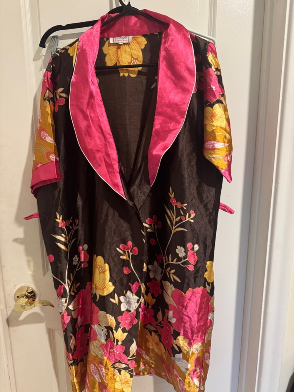 Source Unknown Floral Satin-Trim Kimono Jacket - Brown, Pink & Yellow